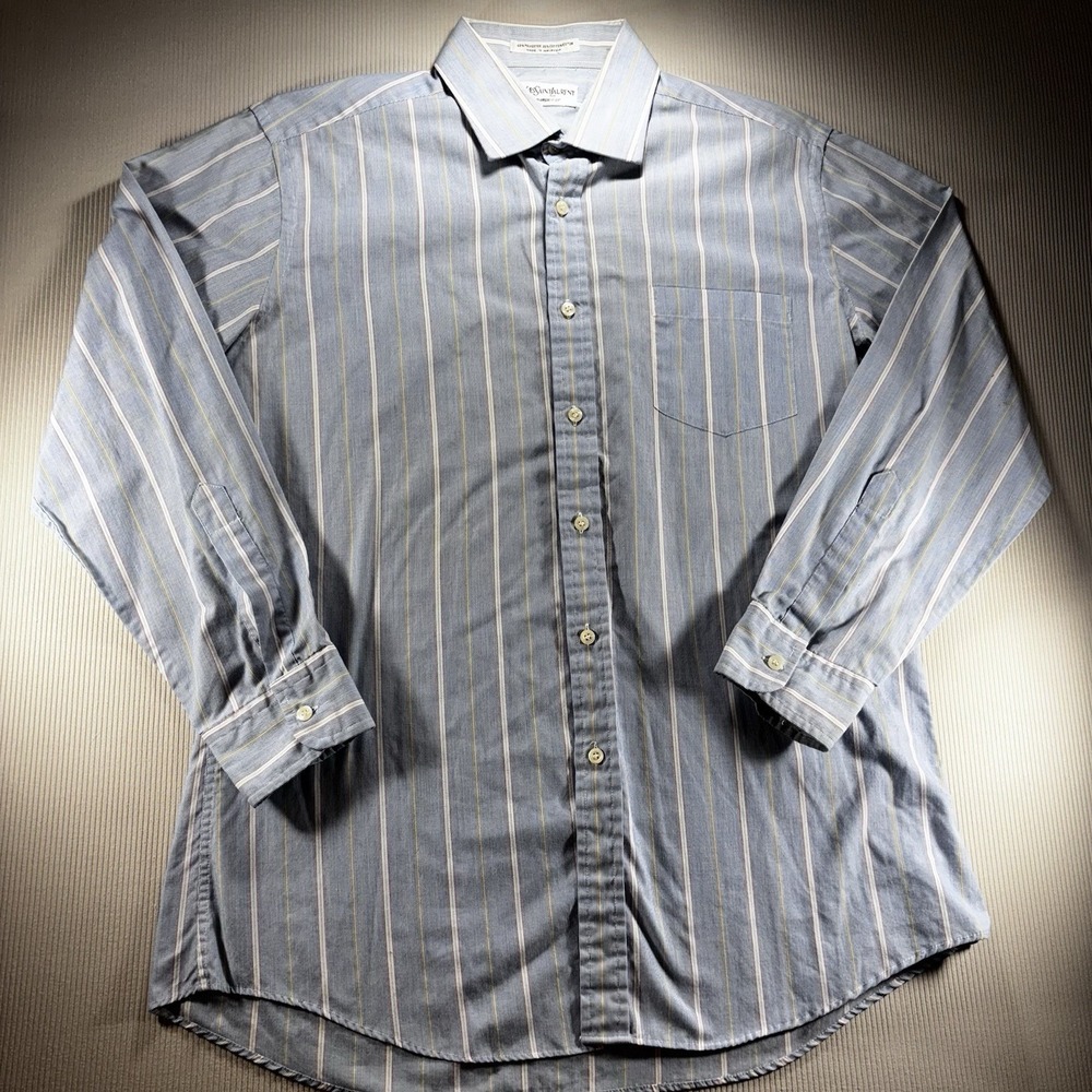 Yves Saint Laurent Shirt Mens 16 1/2 Blue StripeButton Up Long Sleeve YSL Preppy